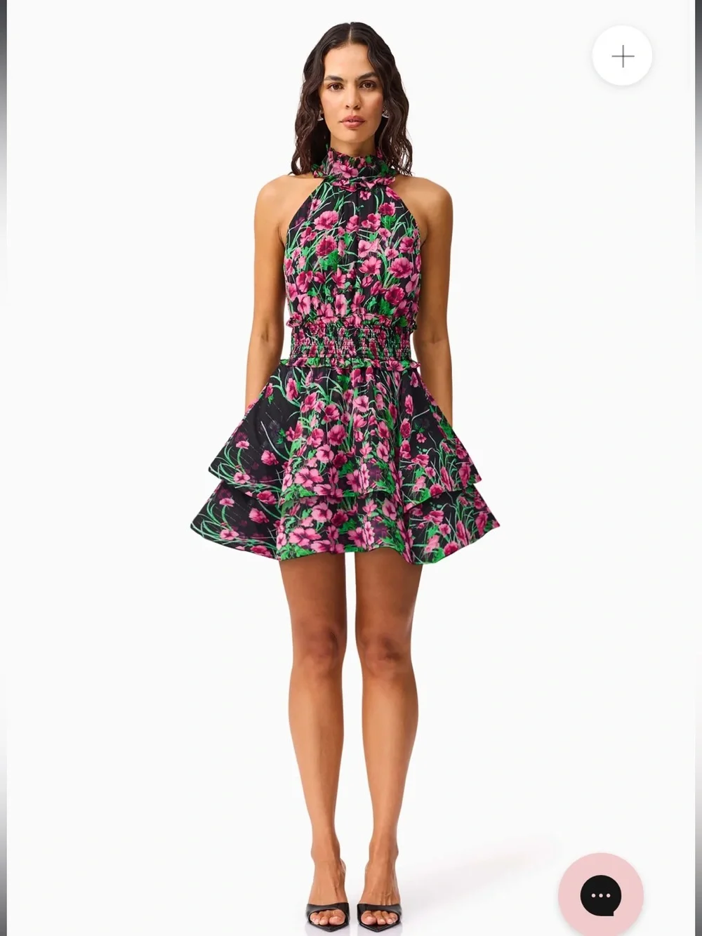 elliatt estelle black & pink floral print mock neck tiered mini dress size small